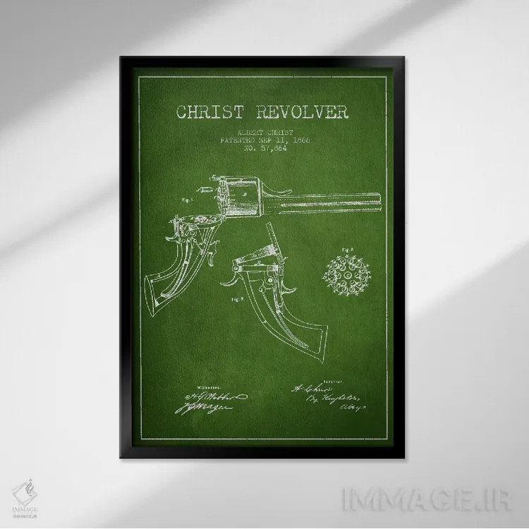 تابلو نقشهٔ ثبت اختراع رولور کریست سبز اثر پیکسل کهنه (استودیو/نام هنری) - نمای قابدار مشکی