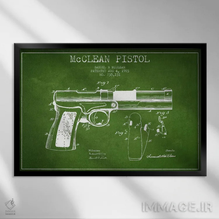 تابلو نقشهٔ ثبت اختراع تپانچه مککلین سبز اثر پیکسل کهنه (استودیو/نام هنری) - نمای قابدار مشکی