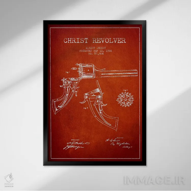 تابلو نقشهٔ ثبت اختراع رولور کریست قرمز اثر پیکسل کهنه (استودیو/نام هنری) - نمای قابدار مشکی