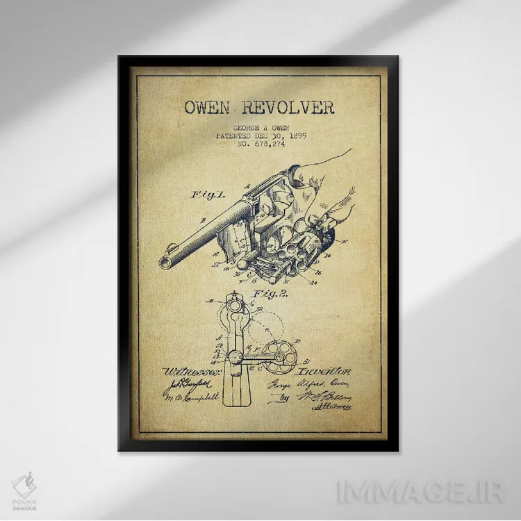 تابلو نقشهٔ ثبت اختراع رولور اوون قدیمی اثر پیکسل کهنه (استودیو/نام هنری) - نمای قابدار مشکی