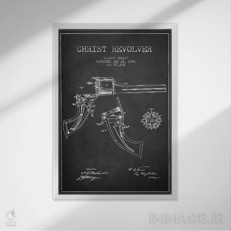 تابلو نقشهٔ ثبت اختراع رولور کریست ذغالی اثر پیکسل کهنه (استودیو/نام هنری) - نمای قابدار سفید