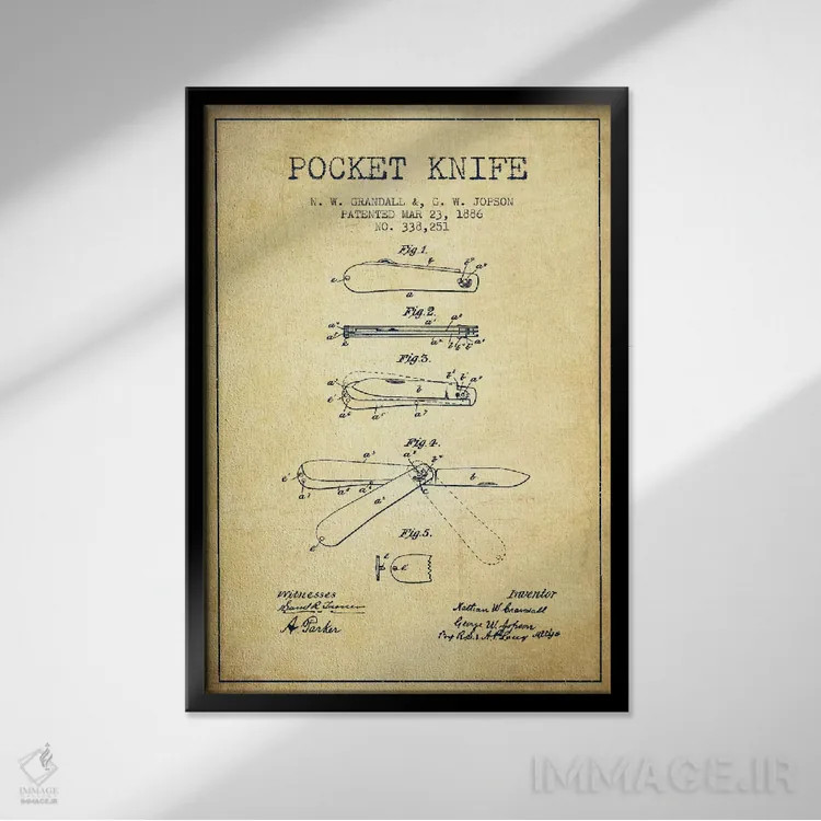 تابلو نقشهٔ ثبت اختراع چاقوی جیبی قدیمی اثر پیکسل کهنه (استودیو/نام هنری) - نمای قابدار مشکی