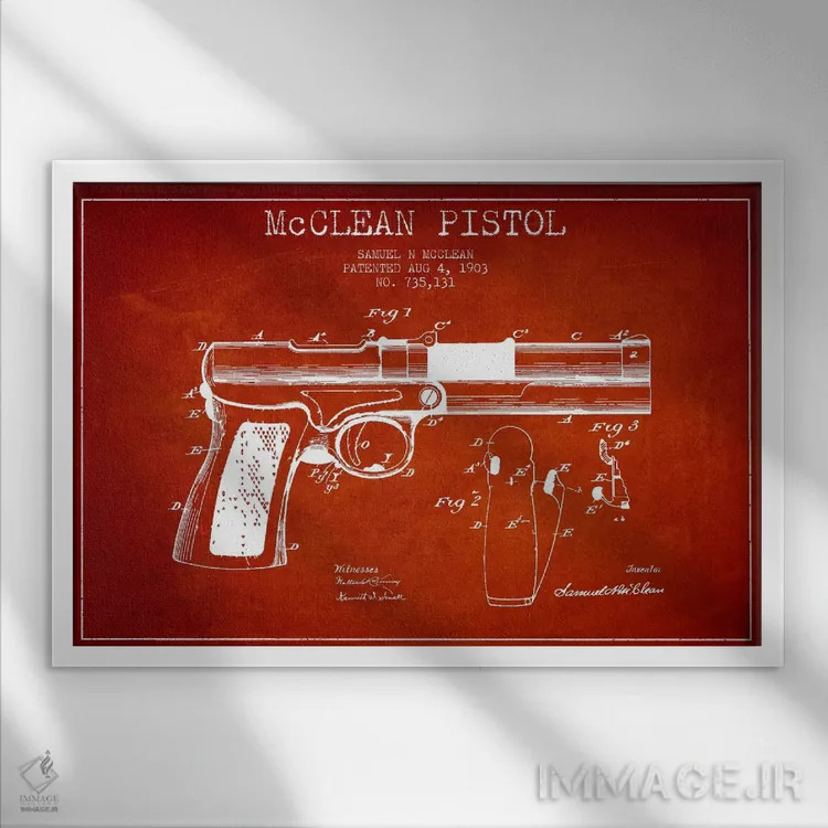 تابلو نقشهٔ ثبت اختراع تپانچه مککلین قرمز اثر پیکسل کهنه (استودیو/نام هنری) - نمای قابدار سفید