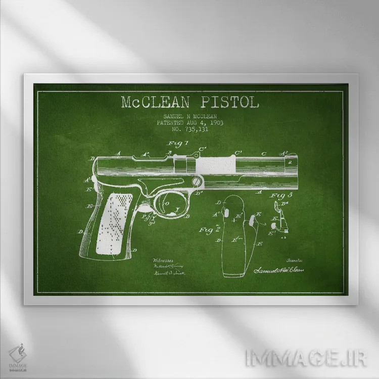 تابلو نقشهٔ ثبت اختراع تپانچه مککلین سبز اثر پیکسل کهنه (استودیو/نام هنری) - نمای قابدار سفید