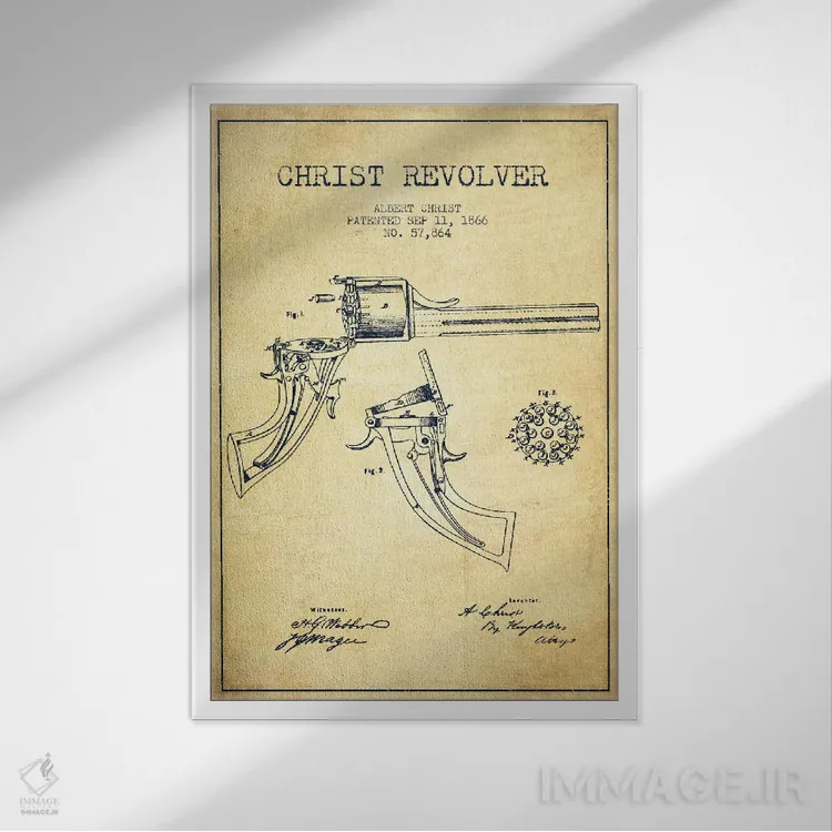 تابلو نقشهٔ ثبت اختراع رولور کریست قدیمی اثر پیکسل کهنه (استودیو/نام هنری) - نمای قابدار سفید