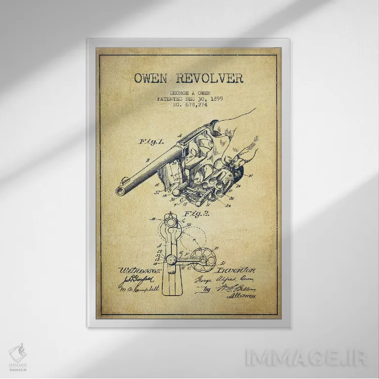 تابلو نقشهٔ ثبت اختراع رولور اوون قدیمی اثر پیکسل کهنه (استودیو/نام هنری) - نمای قابدار سفید