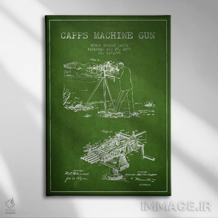 تابلو نقشهٔ ثبت اختراع اسلحه کاپس ام سبز اثر پیکسل کهنه (استودیو/نام هنری) - نمای روبهرو روی دیوار