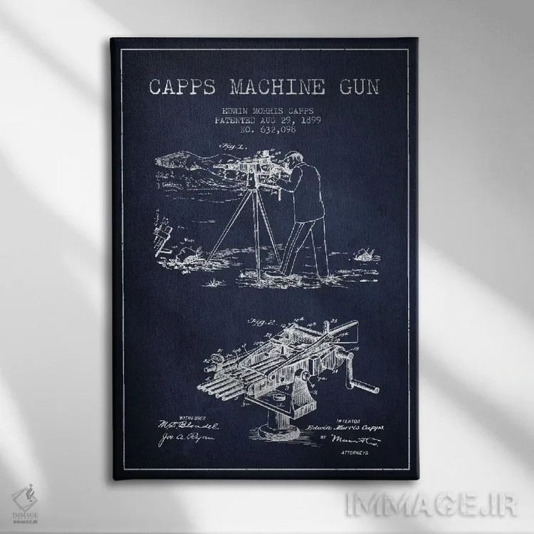 تابلو نقشهٔ ثبت اختراع اسلحه کاپس ام سرمهای اثر پیکسل کهنه (استودیو/نام هنری) - نمای روبهرو روی دیوار