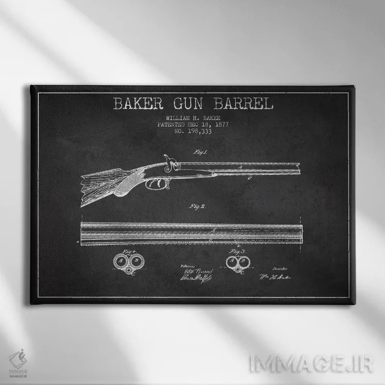 تابلو نقشهٔ ثبت اختراع بشکهٔ بیکر ذغالی اثر پیکسل کهنه (استودیو/نام هنری) - نمای روبهرو روی دیوار