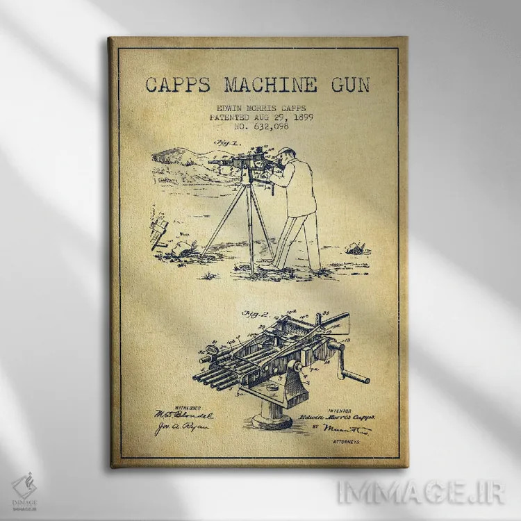 تابلو نقشهٔ ثبت اختراع اسلحه کاپس ام قدیمی اثر پیکسل کهنه (استودیو/نام هنری) - نمای روبهرو روی دیوار