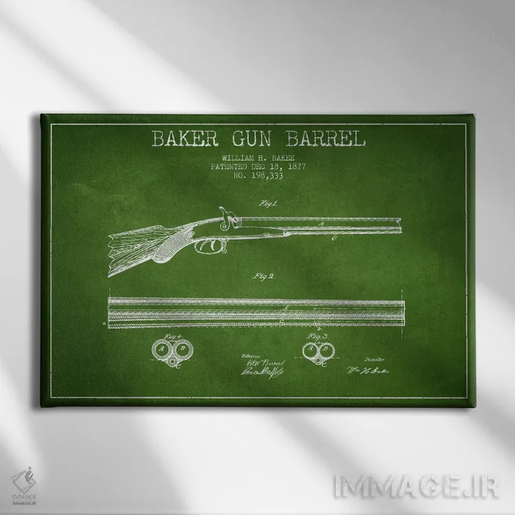 تابلو نقشهٔ ثبت اختراع بشکهٔ بیکر سبز اثر پیکسل کهنه (استودیو/نام هنری) - نمای روبهرو روی دیوار