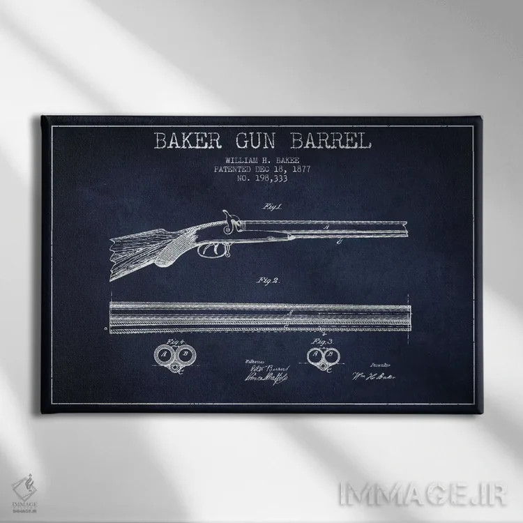 تابلو نقشهٔ ثبت اختراع بشکهٔ بیکر سرمهای اثر پیکسل کهنه (استودیو/نام هنری) - نمای روبهرو روی دیوار