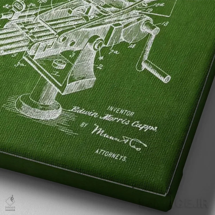 تابلو نقشهٔ ثبت اختراع اسلحه کاپس ام سبز اثر پیکسل کهنه (استودیو/نام هنری) - نمای نزدیک بافت بوم