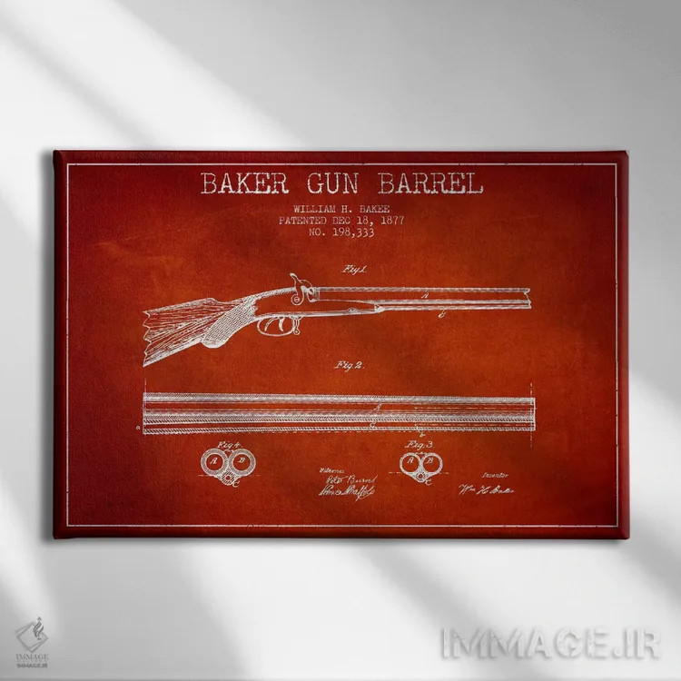 تابلو نقشهٔ ثبت اختراع بشکهٔ بیکر قرمز اثر پیکسل کهنه (استودیو/نام هنری) - نمای روبهرو روی دیوار