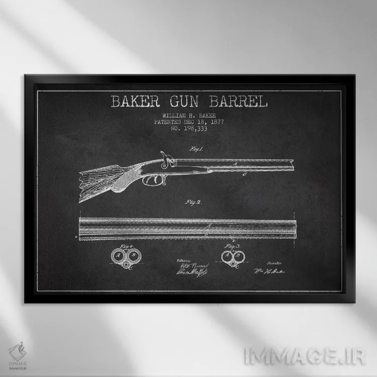 تابلو نقشهٔ ثبت اختراع بشکهٔ بیکر ذغالی اثر پیکسل کهنه (استودیو/نام هنری) - نمای قابدار مشکی