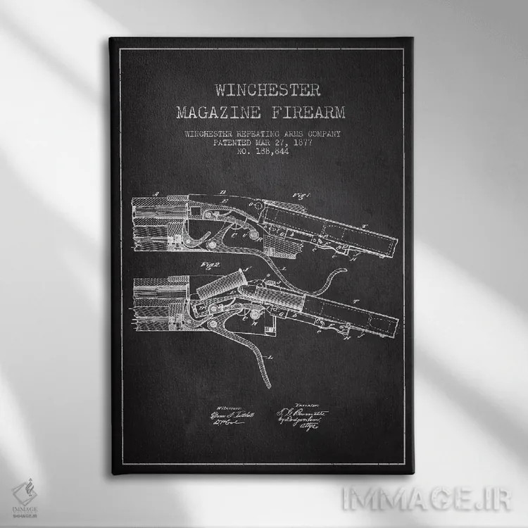 تابلو نقشهٔ ثبت اختراع تفنگ وینچستر ذغالی اثر پیکسل کهنه (استودیو/نام هنری) - نمای روبهرو روی دیوار