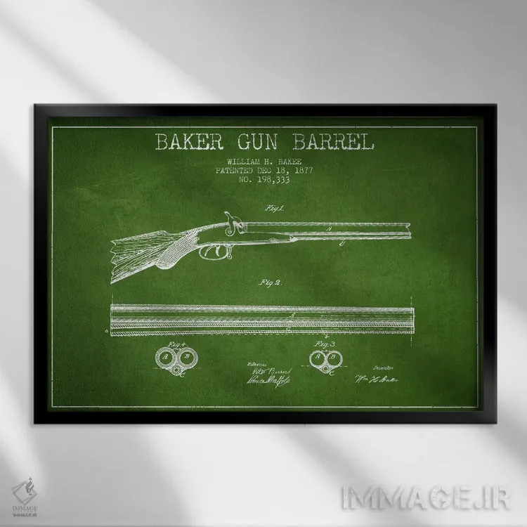 تابلو نقشهٔ ثبت اختراع بشکهٔ بیکر سبز اثر پیکسل کهنه (استودیو/نام هنری) - نمای قابدار مشکی