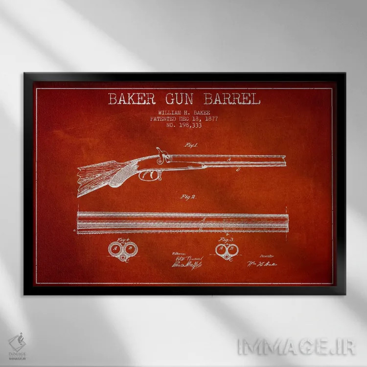 تابلو نقشهٔ ثبت اختراع بشکهٔ بیکر قرمز اثر پیکسل کهنه (استودیو/نام هنری) - نمای قابدار مشکی