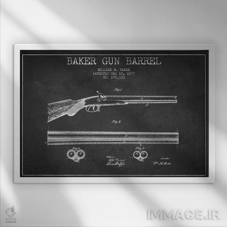 تابلو نقشهٔ ثبت اختراع بشکهٔ بیکر ذغالی اثر پیکسل کهنه (استودیو/نام هنری) - نمای قابدار سفید