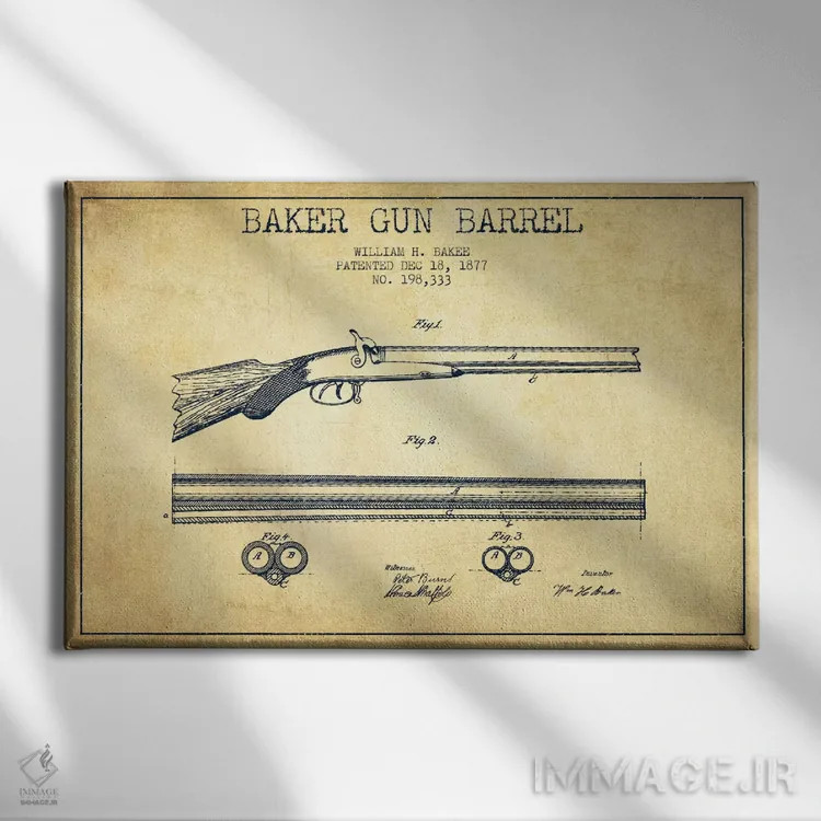 تابلو نقشهٔ ثبت اختراع بشکهٔ بیکر قدیمی اثر پیکسل کهنه (استودیو/نام هنری) - نمای روبهرو روی دیوار