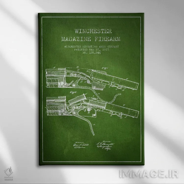 تابلو نقشهٔ ثبت اختراع تفنگ وینچستر سبز اثر پیکسل کهنه (استودیو/نام هنری) - نمای روبهرو روی دیوار