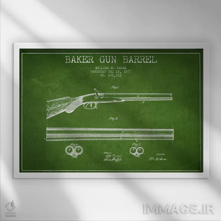 تابلو نقشهٔ ثبت اختراع بشکهٔ بیکر سبز اثر پیکسل کهنه (استودیو/نام هنری) - نمای قابدار سفید
