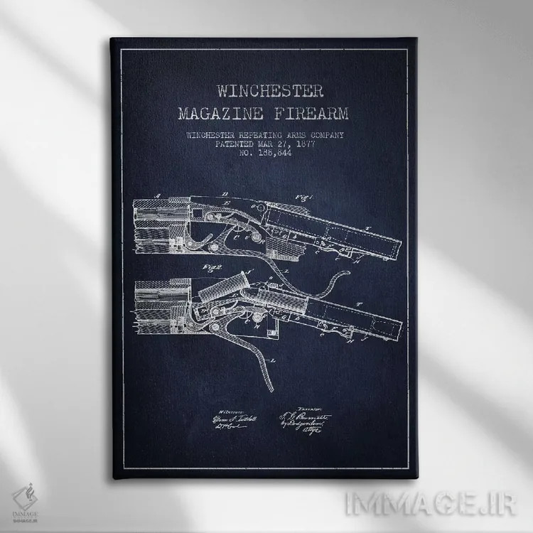 تابلو نقشهٔ ثبت اختراع تفنگ وینچستر سرمهای اثر پیکسل کهنه (استودیو/نام هنری) - نمای روبهرو روی دیوار