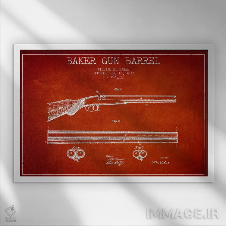 تابلو نقشهٔ ثبت اختراع بشکهٔ بیکر قرمز اثر پیکسل کهنه (استودیو/نام هنری) - نمای قابدار سفید