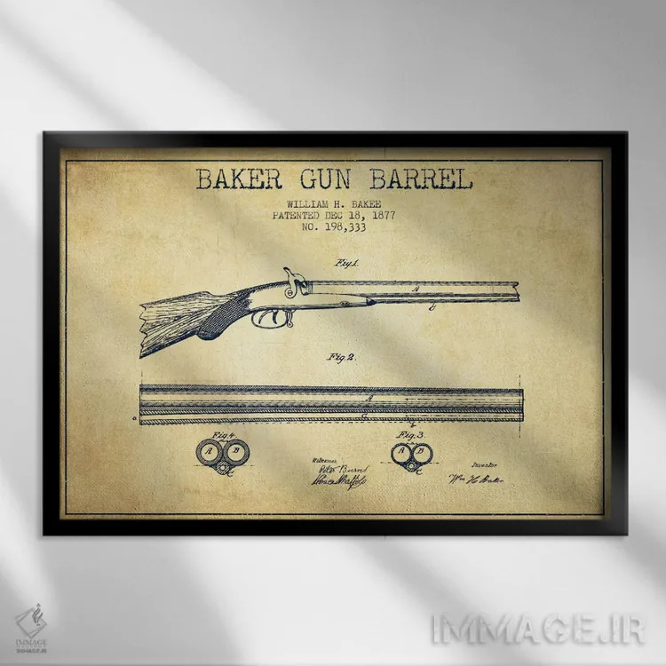 تابلو نقشهٔ ثبت اختراع بشکهٔ بیکر قدیمی اثر پیکسل کهنه (استودیو/نام هنری) - نمای قابدار مشکی