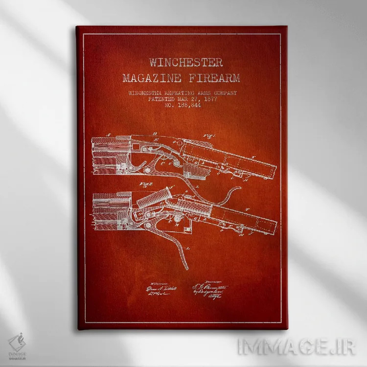تابلو نقشهٔ ثبت اختراع تفنگ وینچستر قرمز اثر پیکسل کهنه (استودیو/نام هنری) - نمای روبهرو روی دیوار