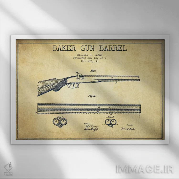 تابلو نقشهٔ ثبت اختراع بشکهٔ بیکر قدیمی اثر پیکسل کهنه (استودیو/نام هنری) - نمای قابدار سفید