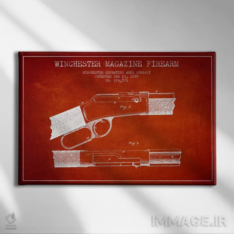 تابلو نقشهٔ ثبت اختراع اسلحه وینچستر قرمز اثر پیکسل کهنه (استودیو/نام هنری) - نمای روبهرو روی دیوار