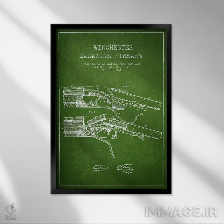 تابلو نقشهٔ ثبت اختراع تفنگ وینچستر سبز اثر پیکسل کهنه (استودیو/نام هنری) - نمای قابدار مشکی