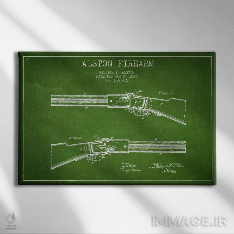 تابلو نقشهٔ ثبت اختراع سلاح آستون سبز اثر پیکسل کهنه (استودیو/نام هنری) - نمای روبهرو روی دیوار