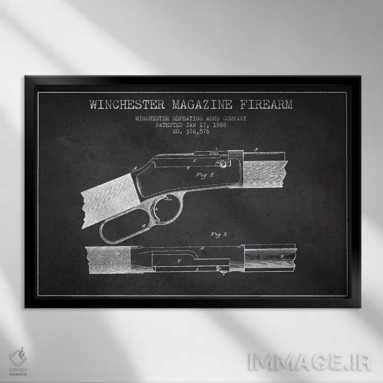 تابلو نقشهٔ ثبت اختراع اسلحه وینچستر ذغالی اثر پیکسل کهنه (استودیو/نام هنری) - نمای قابدار مشکی