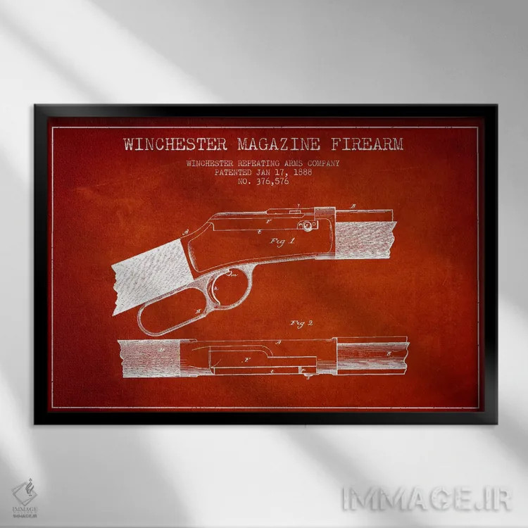 تابلو نقشهٔ ثبت اختراع اسلحه وینچستر قرمز اثر پیکسل کهنه (استودیو/نام هنری) - نمای قابدار مشکی