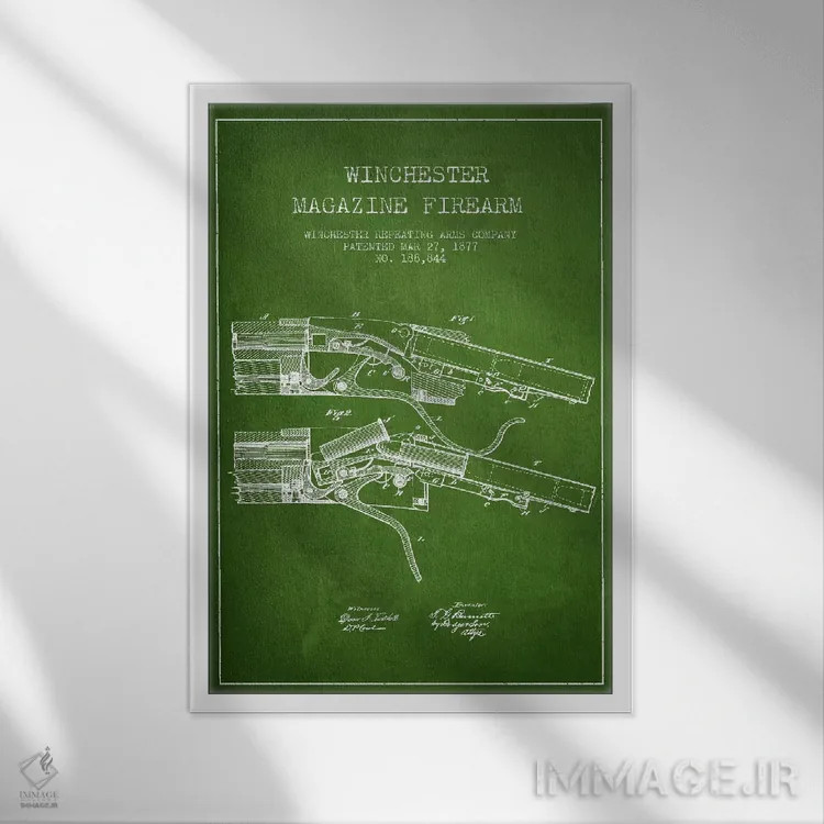 تابلو نقشهٔ ثبت اختراع تفنگ وینچستر سبز اثر پیکسل کهنه (استودیو/نام هنری) - نمای قابدار سفید