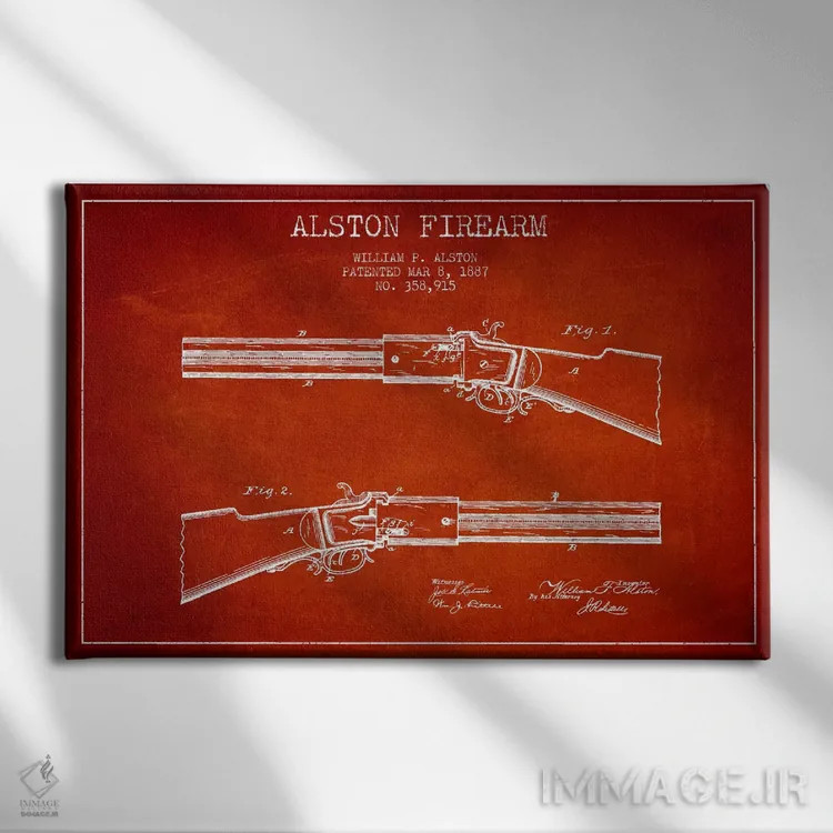 تابلو نقشهٔ ثبت اختراع سلاح آستون قرمز اثر پیکسل کهنه (استودیو/نام هنری) - نمای روبهرو روی دیوار