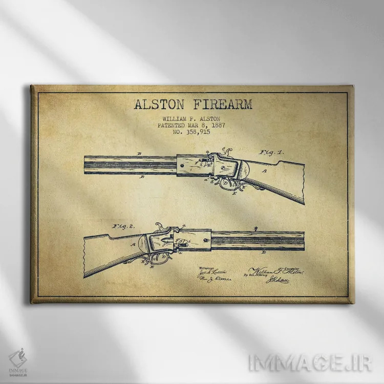 تابلو نقشهٔ ثبت اختراع سلاح آستون قدیمی اثر پیکسل کهنه (استودیو/نام هنری) - نمای روبهرو روی دیوار