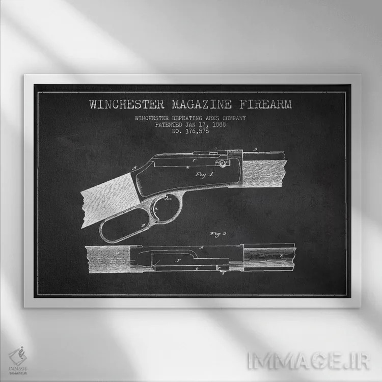 تابلو نقشهٔ ثبت اختراع اسلحه وینچستر ذغالی اثر پیکسل کهنه (استودیو/نام هنری) - نمای قابدار سفید