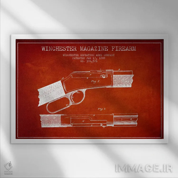 تابلو نقشهٔ ثبت اختراع اسلحه وینچستر قرمز اثر پیکسل کهنه (استودیو/نام هنری) - نمای قابدار سفید