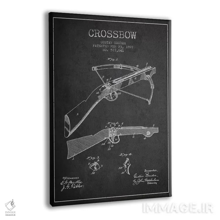 تابلو نقشهٔ ثبت اختراع کمان زنبورک ۱ ذغالی اثر پیکسل کهنه (استودیو/نام هنری) - نمای پرسپکتیو محصول