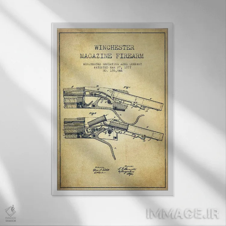 تابلو نقشهٔ ثبت اختراع تفنگ وینچستر قدیمی اثر پیکسل کهنه (استودیو/نام هنری) - نمای قابدار سفید