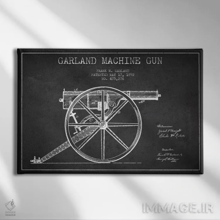تابلو نقشهٔ ثبت اختراع اسلحه گارلند ذغالی اثر پیکسل کهنه (استودیو/نام هنری) - نمای روبهرو روی دیوار