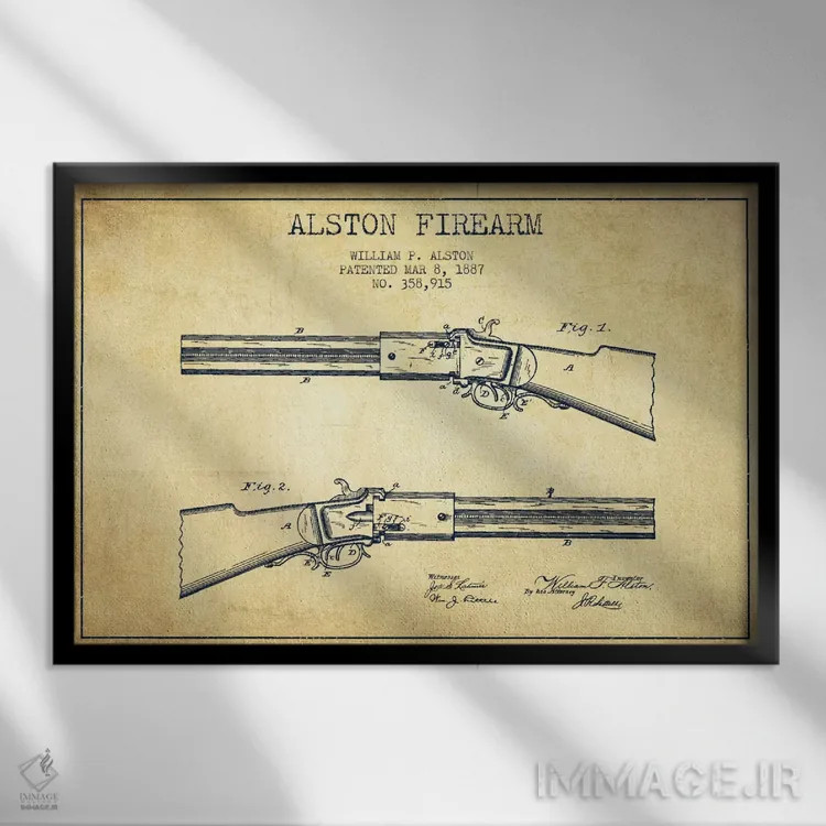 تابلو نقشهٔ ثبت اختراع سلاح آستون قدیمی اثر پیکسل کهنه (استودیو/نام هنری) - نمای قابدار مشکی