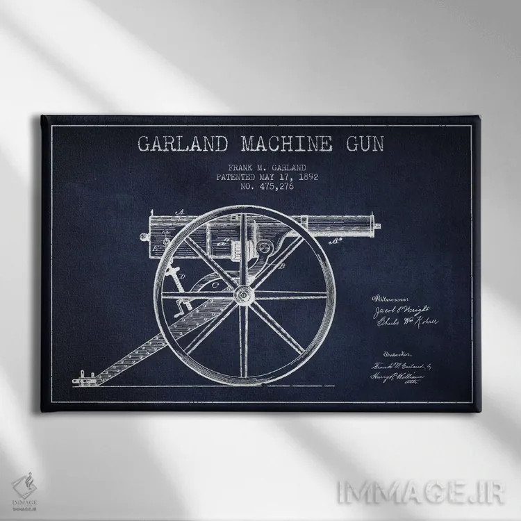 تابلو نقشهٔ ثبت اختراع اسلحه گارلند سرمهای اثر پیکسل کهنه (استودیو/نام هنری) - نمای روبهرو روی دیوار