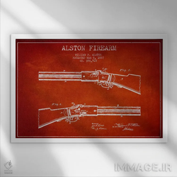 تابلو نقشهٔ ثبت اختراع سلاح آستون قرمز اثر پیکسل کهنه (استودیو/نام هنری) - نمای قابدار سفید