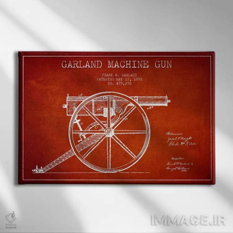 تابلو نقشهٔ ثبت اختراع اسلحه گارلند قرمز اثر پیکسل کهنه (استودیو/نام هنری) - نمای روبهرو روی دیوار