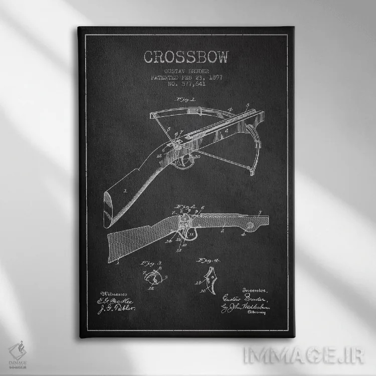 تابلو نقشهٔ ثبت اختراع کمان زنبورک ۱ ذغالی اثر پیکسل کهنه (استودیو/نام هنری) - نمای روبهرو روی دیوار