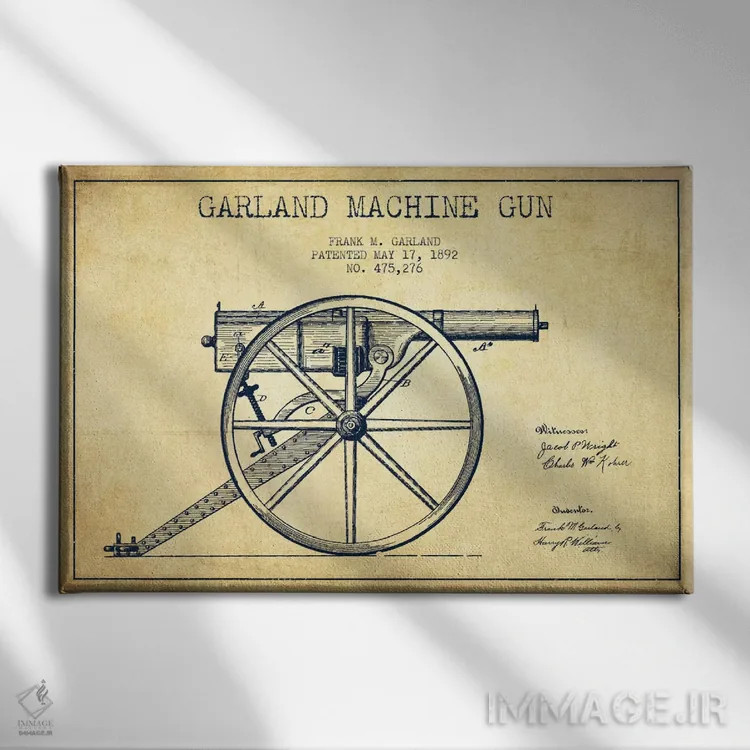تابلو نقشهٔ ثبت اختراع اسلحه گارلند قدیمی اثر پیکسل کهنه (استودیو/نام هنری) - نمای روبهرو روی دیوار